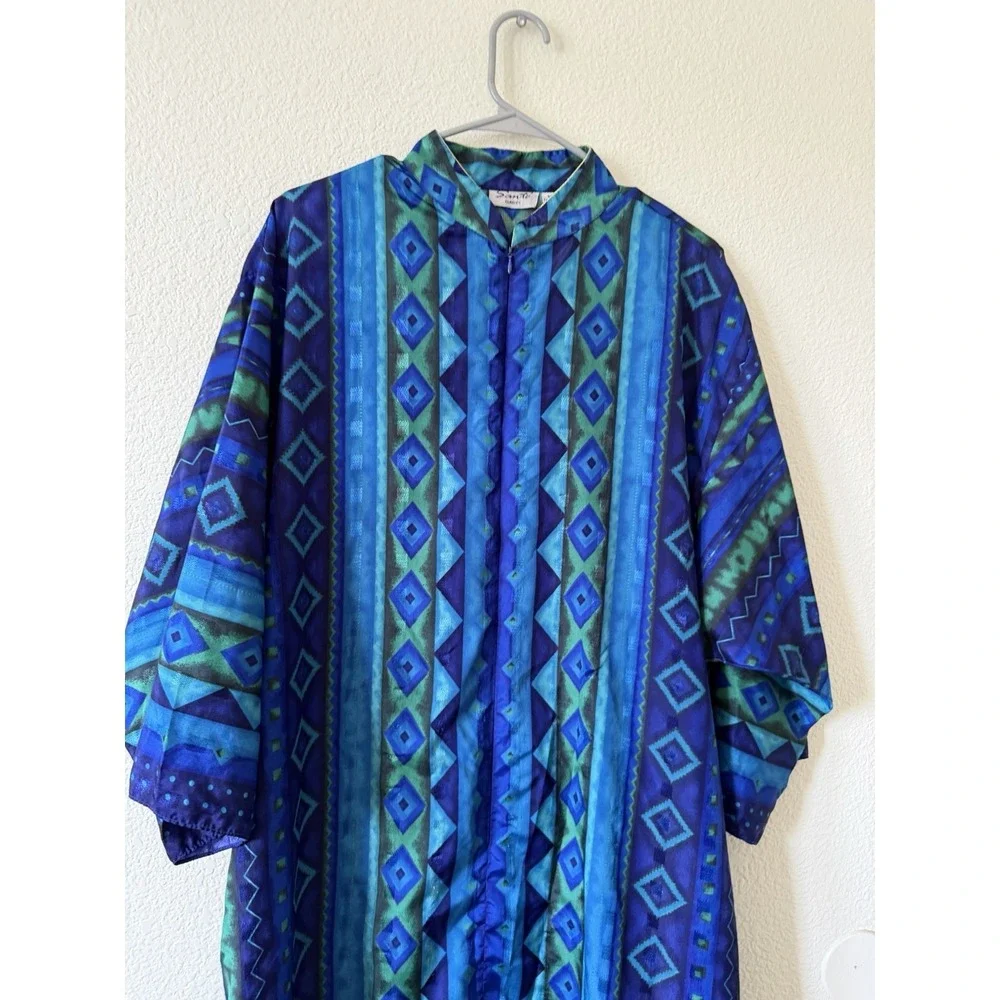 Sante Classics Women M Blue Green Geometric Print Button Front Long Dress Zipper
